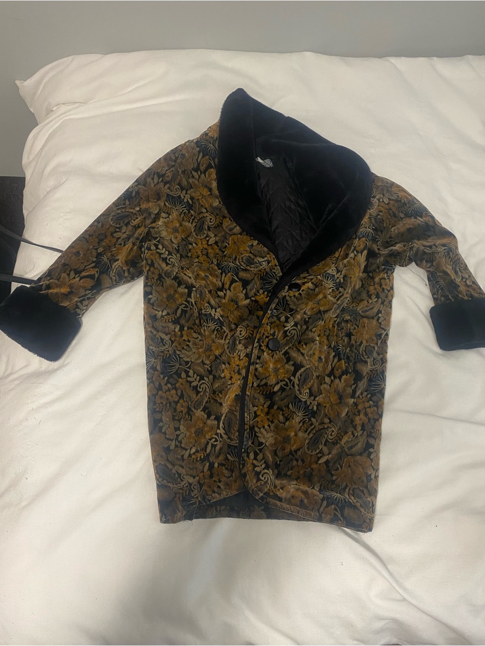 Vintage Women's Floral Velvet Pea Coat with Black Velvet Trim